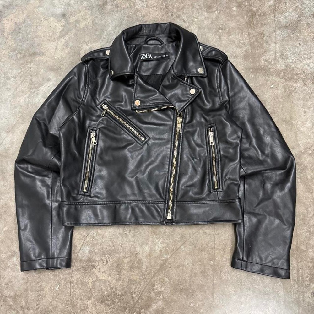 Zara Womens Faux Leather Biker Moto Jacket Black Silver Zip Cropped Size L
